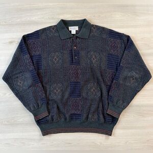 Vintage Murano Wool Gemotric Knit Polo Sweater Sz L